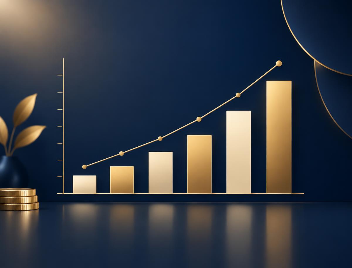 Gráfico financiero ascendente en azul marino y dorado